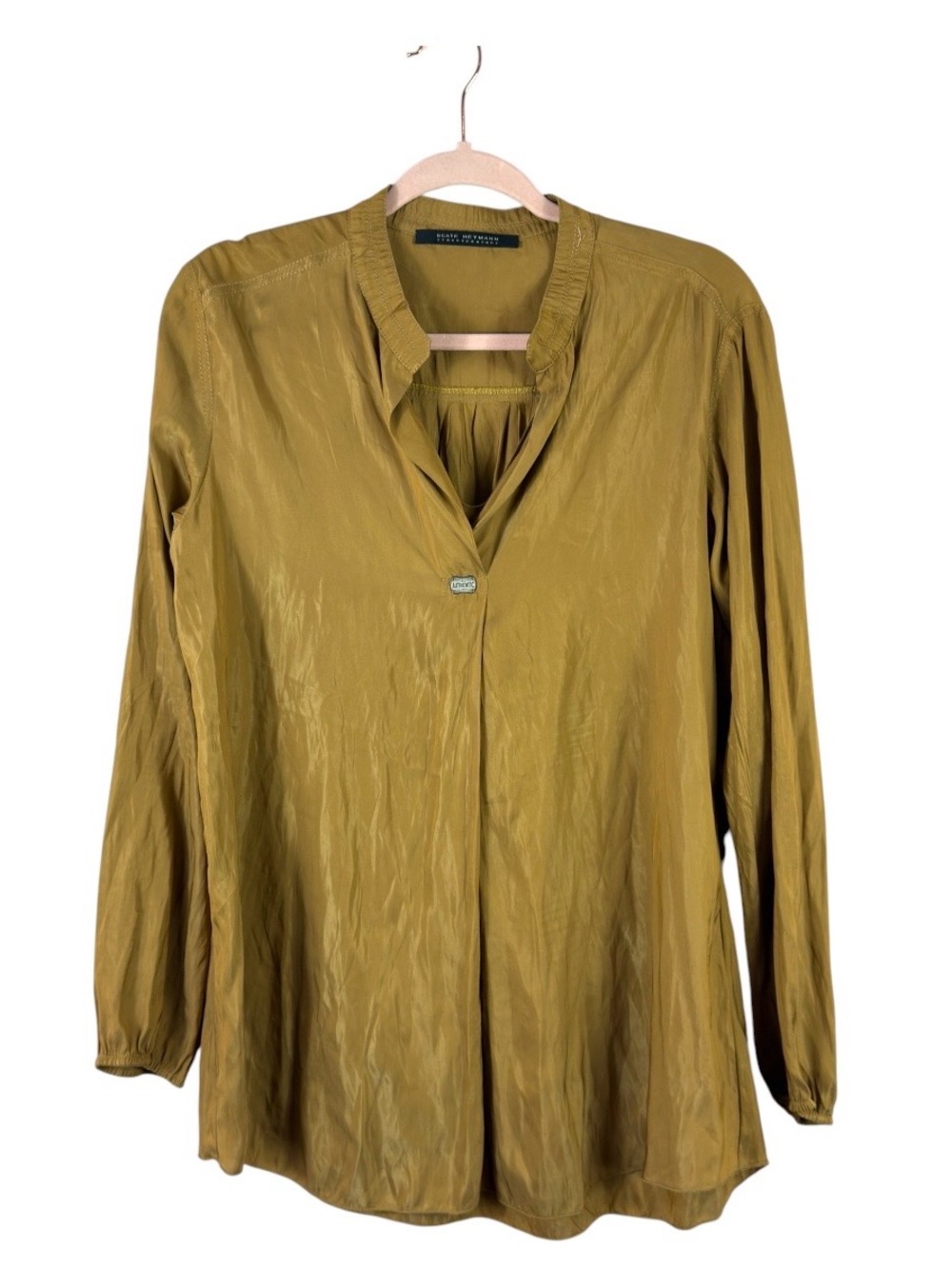Beate Heymann womens size 8 mustard yellow long sleeve satin tunic blouse